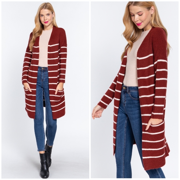 FEW LEFT❗️Cozy Chic Burgundy Striped Long Open Cardigan - Picture 8 of 8